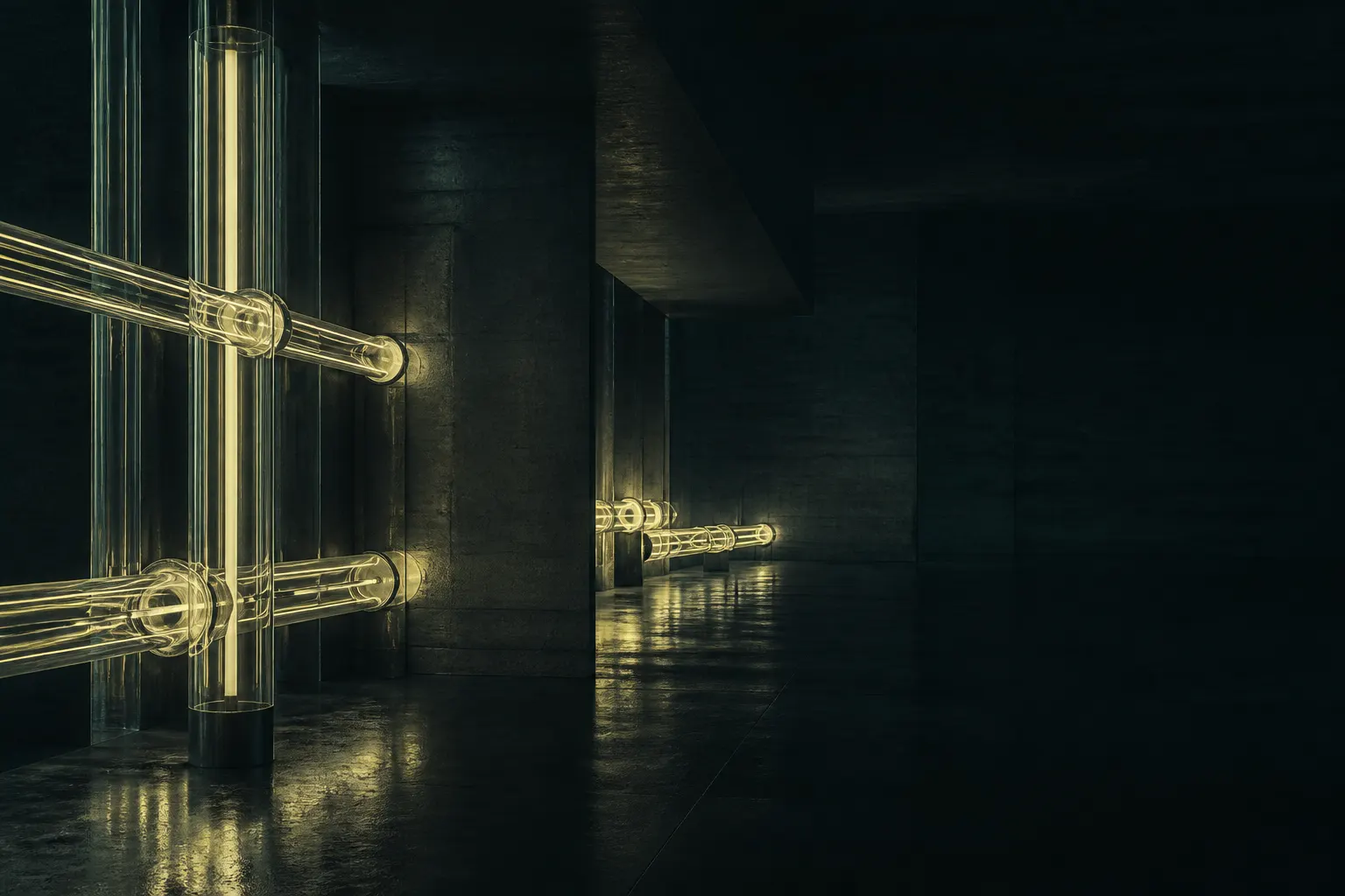 Instalación de tubos y placas de vidrio luminoso atravesando una sala arquitectónica oscura.