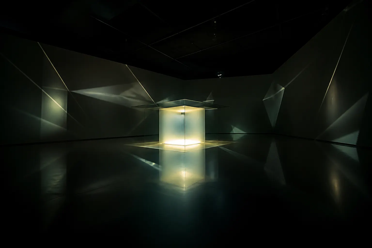 Detalle panorámico de una instalación de vidrio y luz reflejada sobre suelo y muros oscuros.