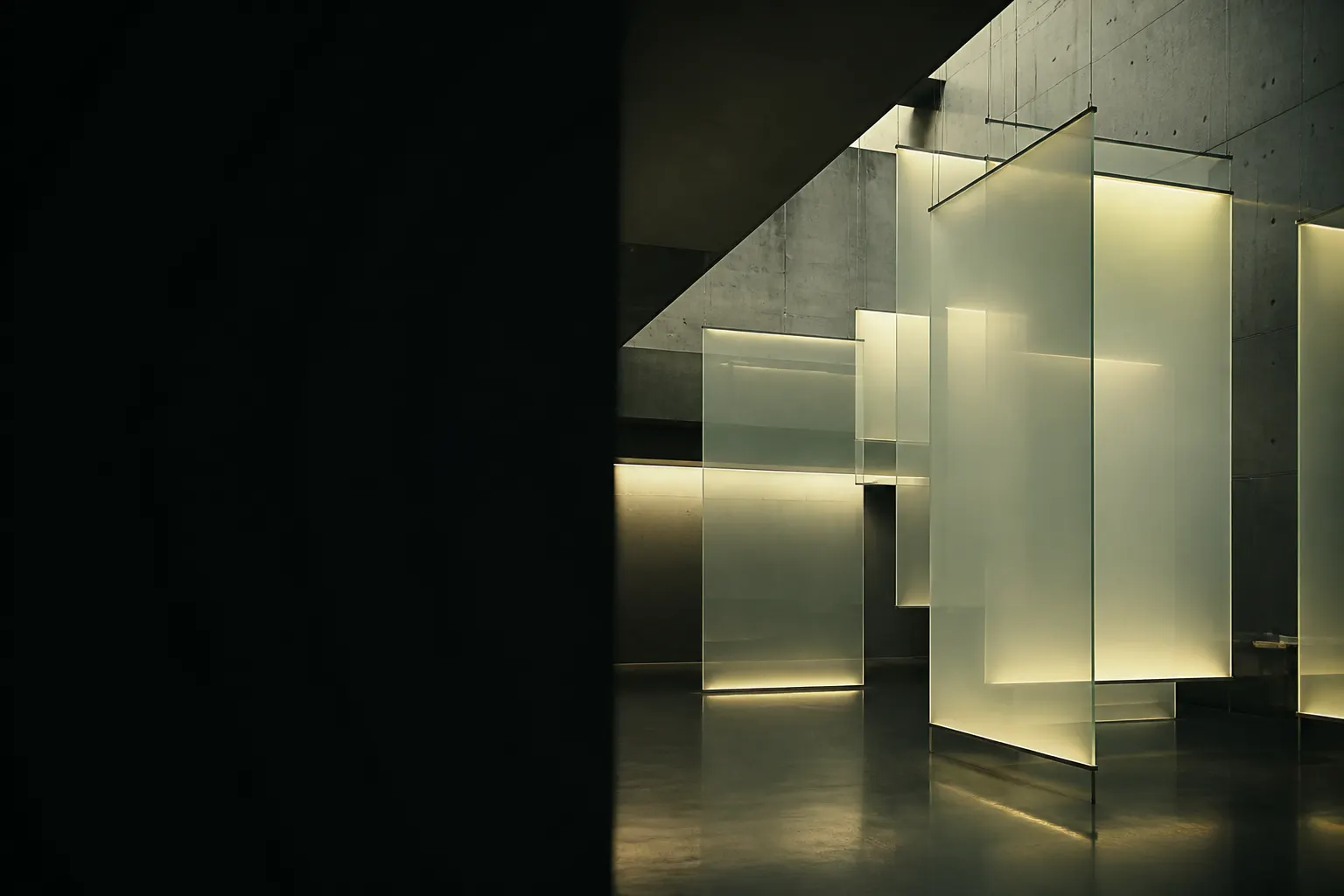 Conjunto de planos de vidrio iluminados suspendidos en un interior arquitectónico monumental.