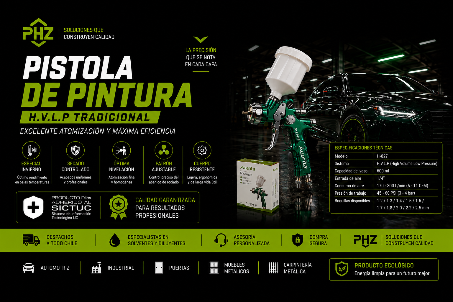 Pistola de pintura Auarita HVLP 898-2 para aplicaciones automotrices, industriales y de carpintería.