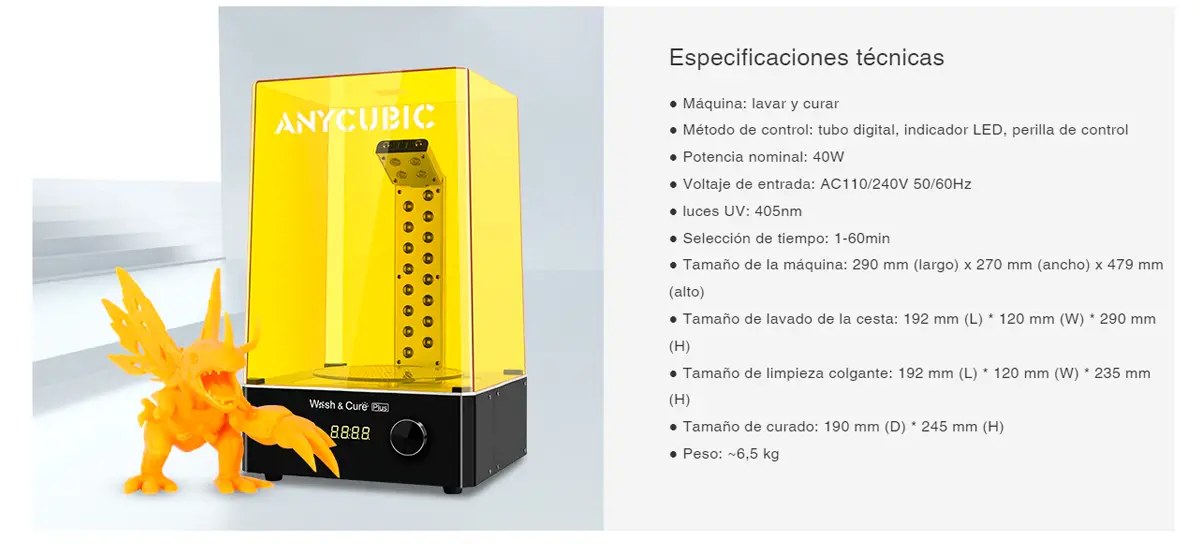 Caracteristicas principales maquina de curado y lavado de piezas en resina Anycubic plus