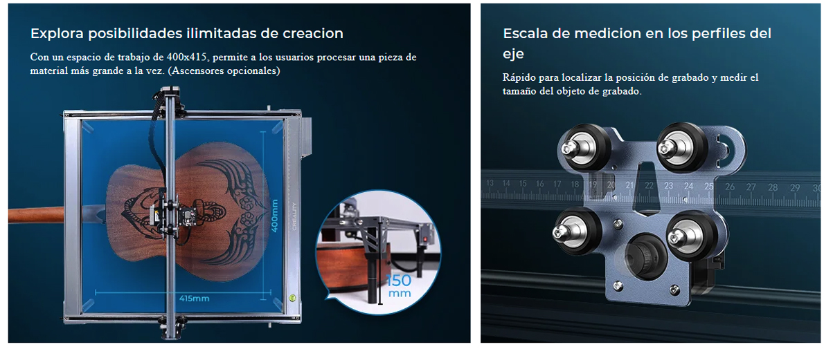  espacio de trabajo, escala de medición en los perfiles del eje  Creality Falcon (10w)