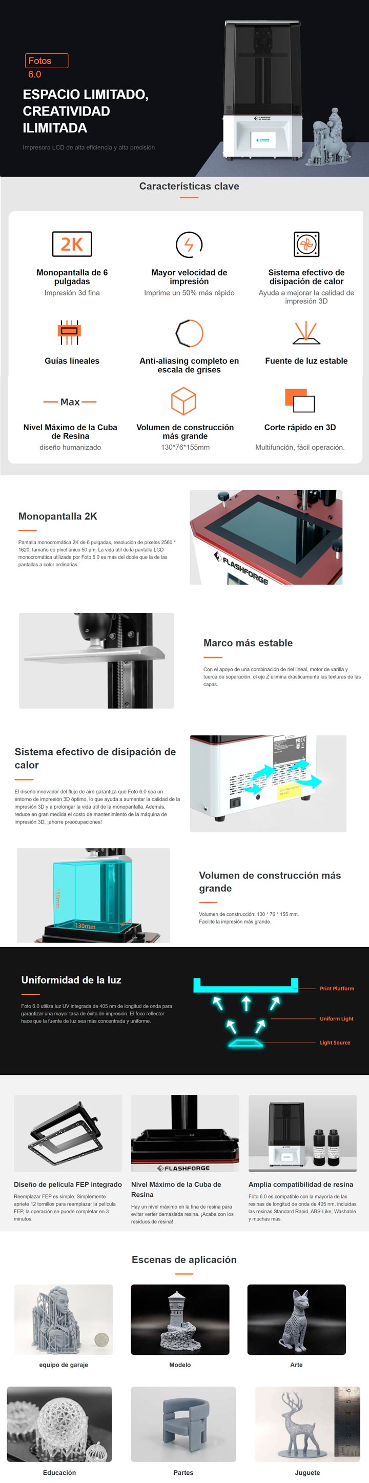 Caracteristias principales de la impresora 3D Flashforge foto 6.0  Volumen de construcción más grande,Marco más estable, Rápido y de alta precisión, Mejor experiencia de impresión .
