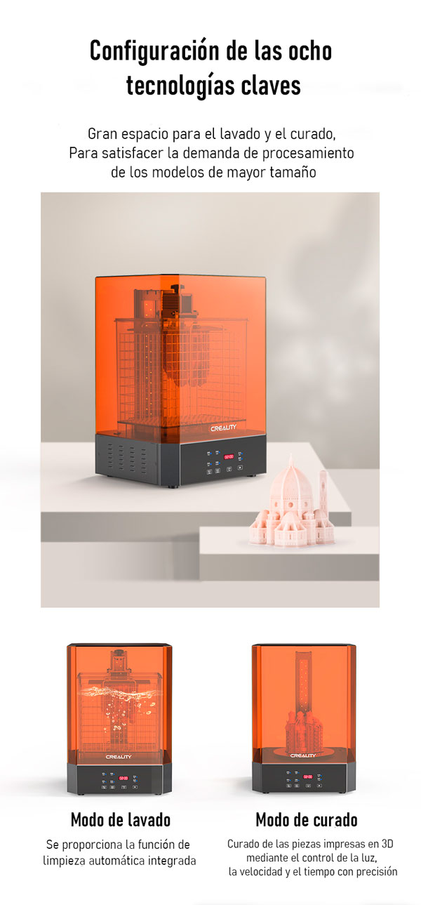 configuración y modos de maquina de curado y lavado de piezas en resina Creality UW-02
