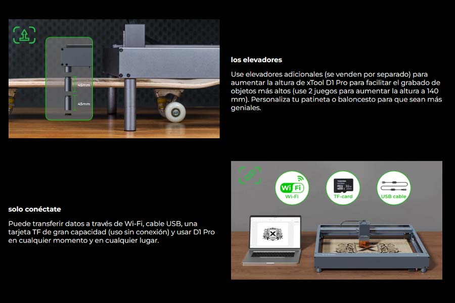 elevadores y conexión de grabadora laser xTool D1 Pro