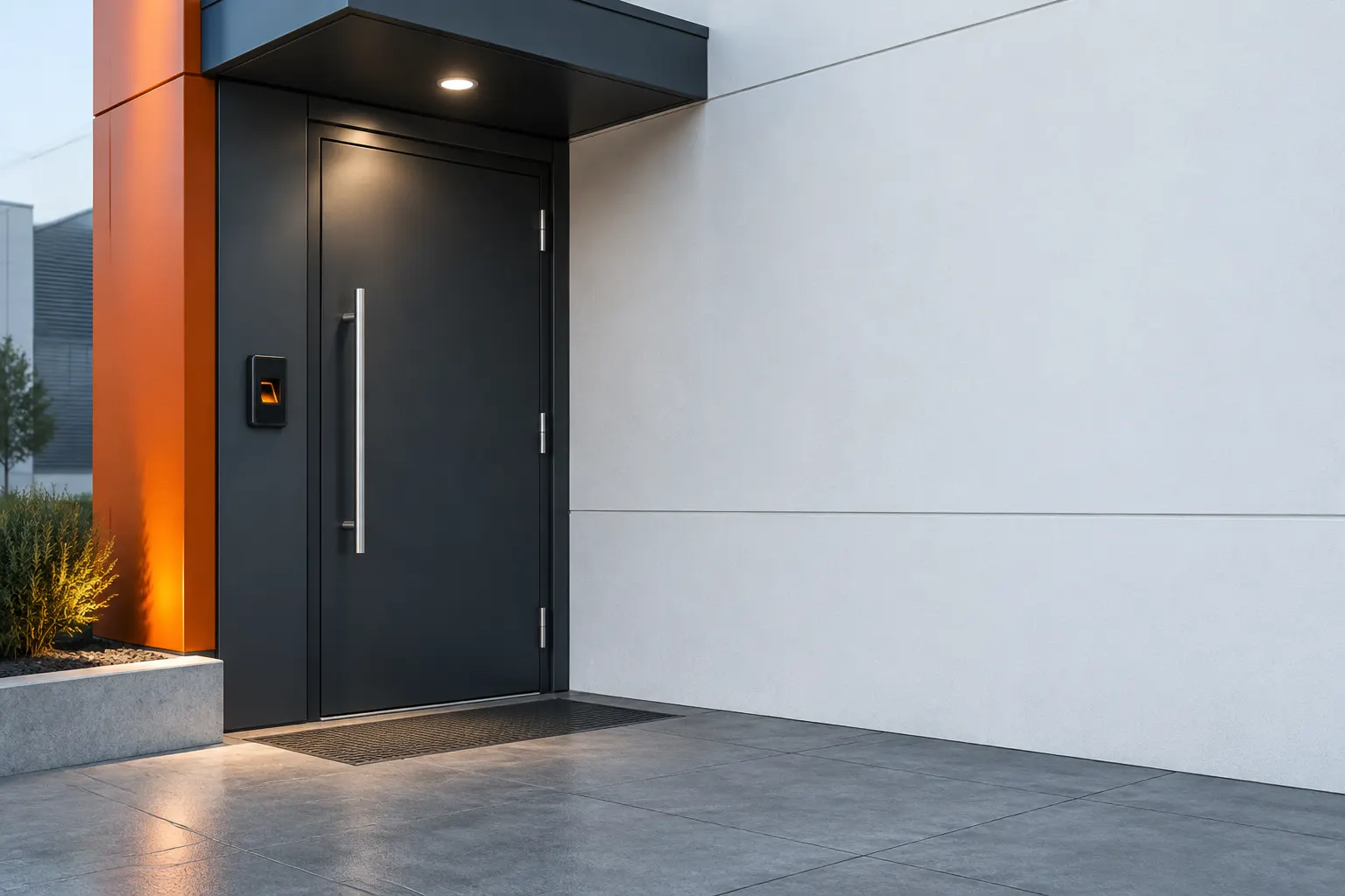 Entrada contemporânea com porta metálica, leitor biométrico e ferragens de controlo de acesso.