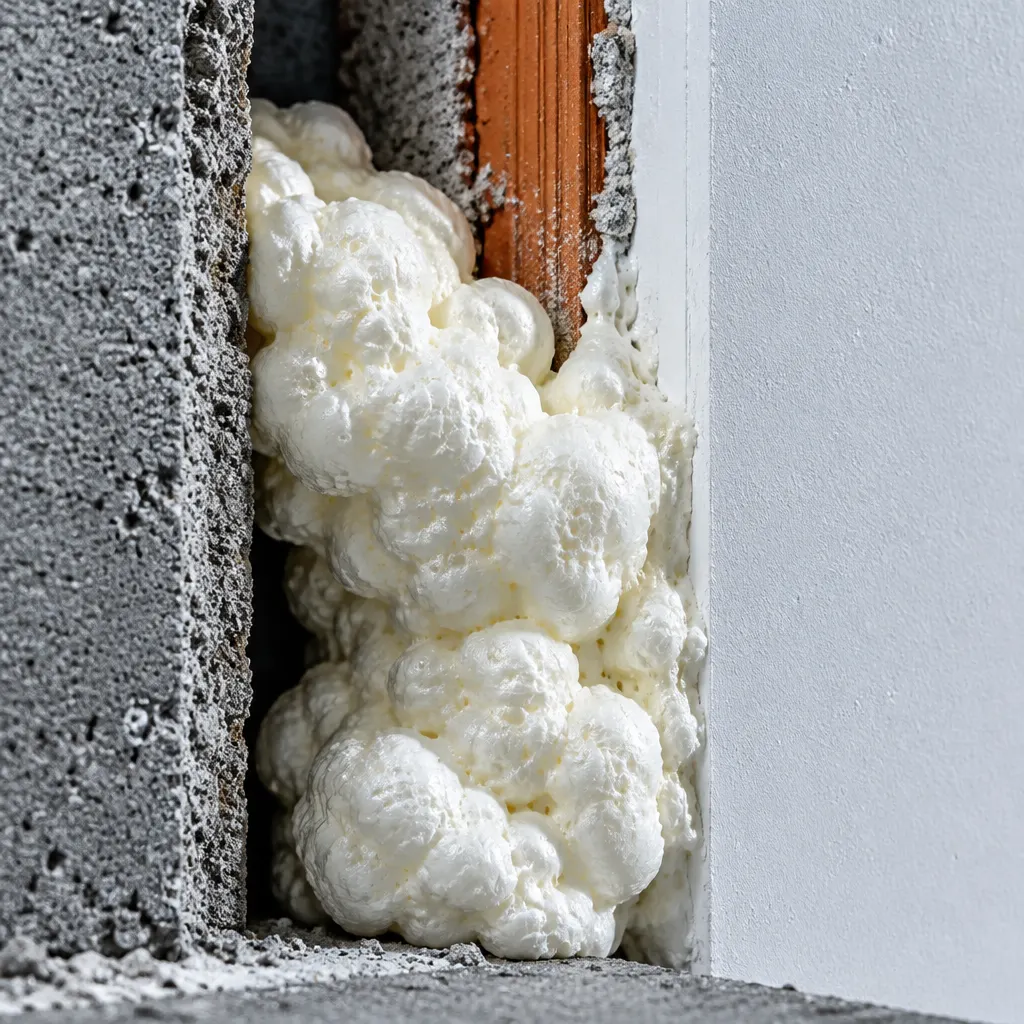 Espuma expansiva PU preenchendo uma cavidade numa superfície de construção.