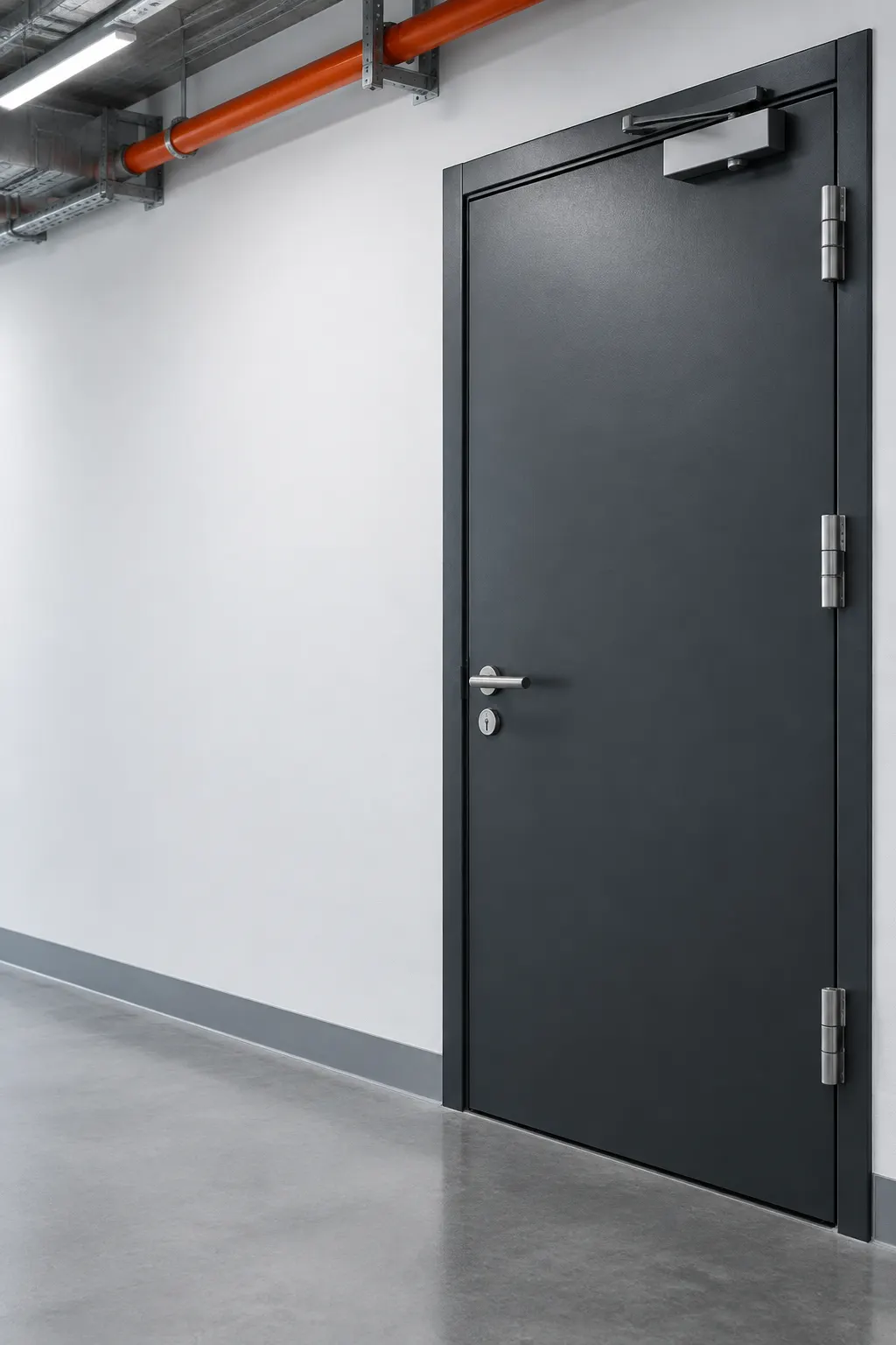 Porta técnica corta-fogo metálica instalada num corredor industrial, com ferragens visíveis.