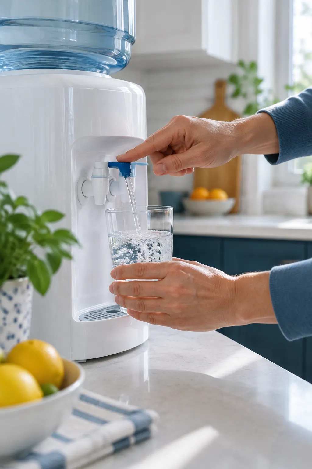 Manos sirven agua desde un dispensador blanco en una cocina contemporánea y luminosa.