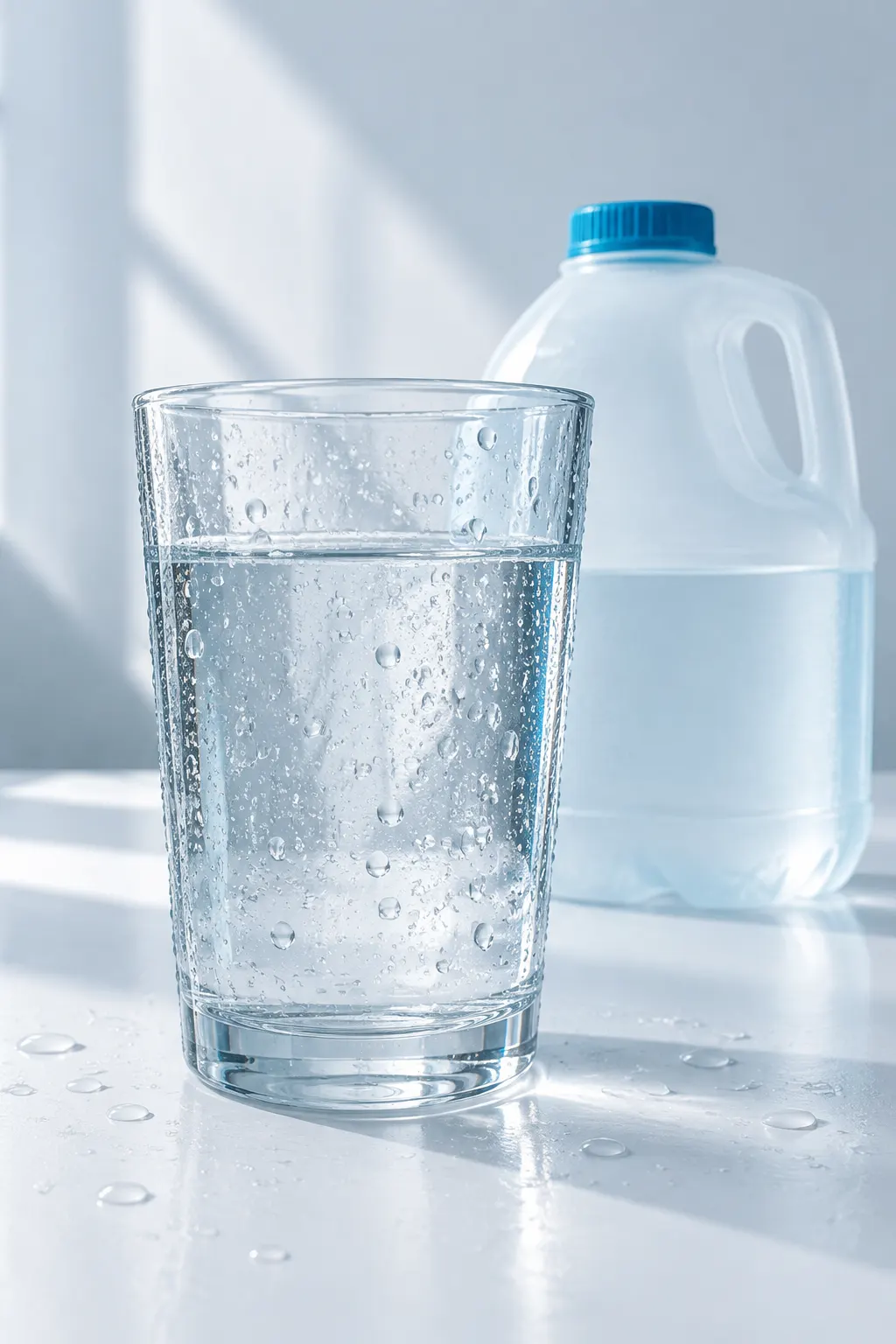 Vaso transparente con gotas junto a un pequeño bidón de agua sin etiqueta sobre una mesa clara.
