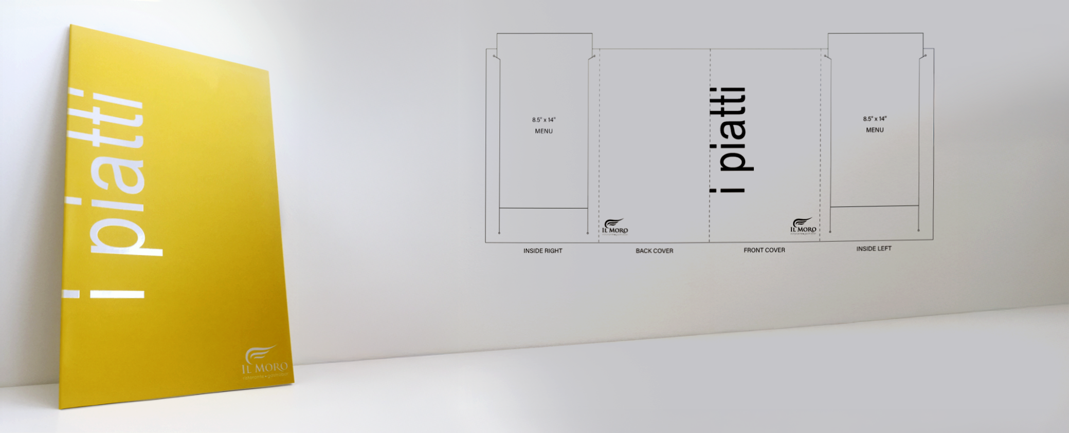 yellow laminated menu cover with dieline layout