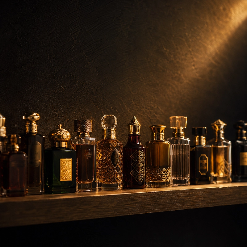 Repisa con frascos de perfumería árabe original