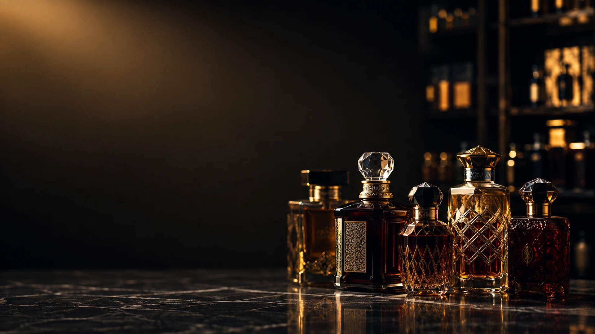 Frascos de perfumería árabe sobre mesón oscuro en la bodega de Al-Arab Chile