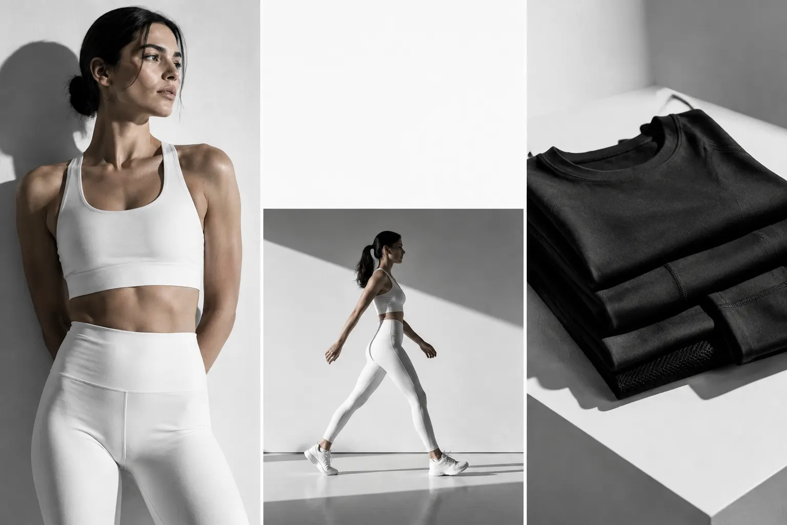 Tríptico con mujer en ropa deportiva blanca, pose de cuerpo entero y prendas negras dobladas.