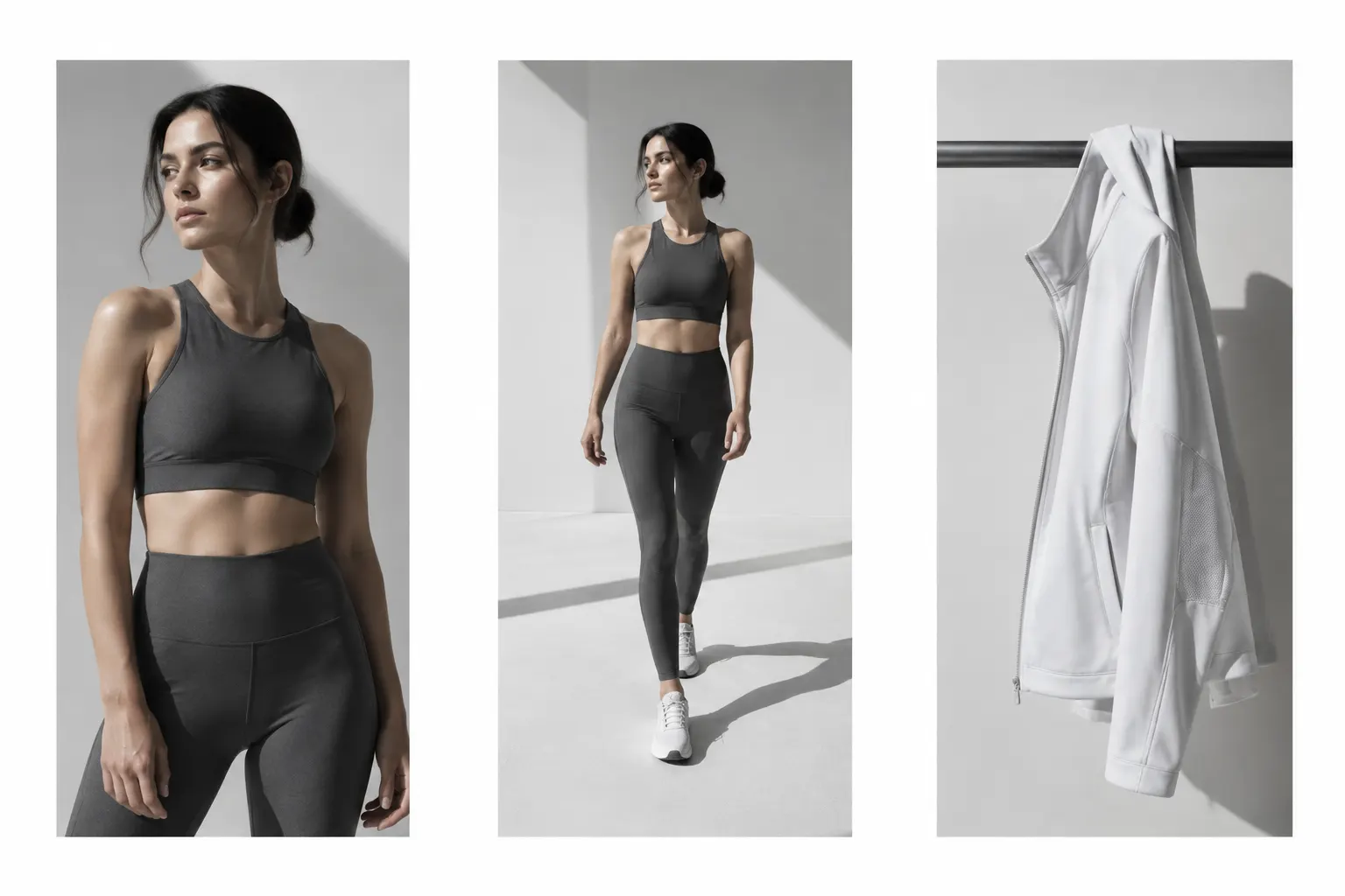 Tríptico editorial de mujer en conjunto gris, caminata de cuerpo entero y chaqueta blanca colgada.