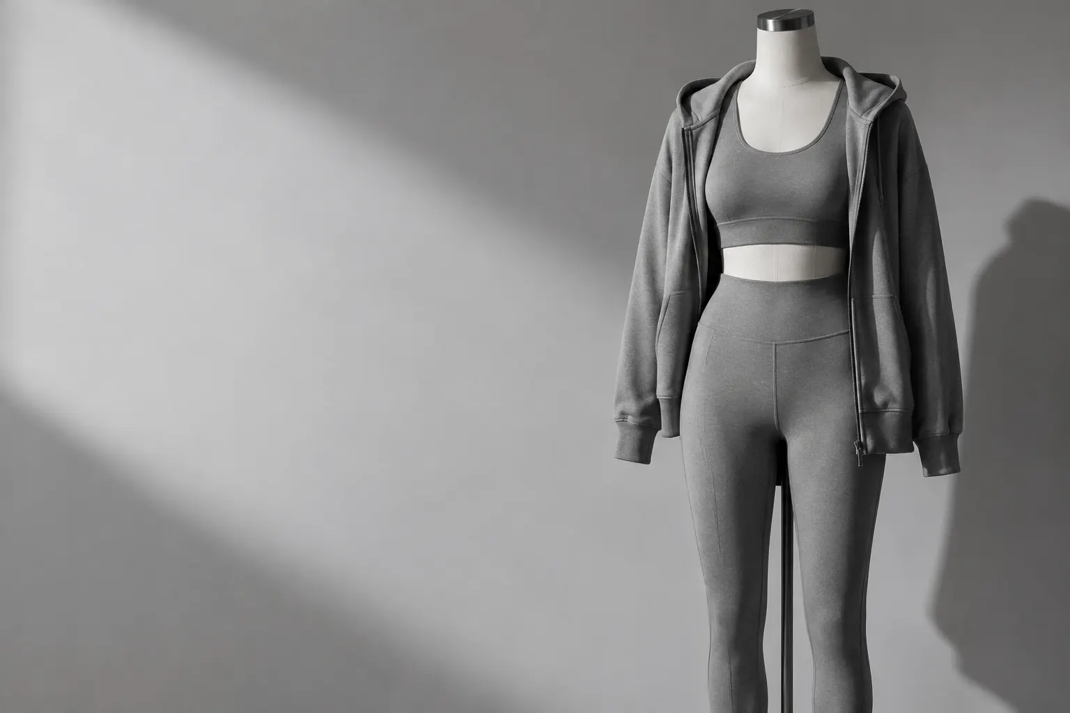 Conjunto deportivo gris en capas sobre un maniquí de sastrería, contra un fondo neutro.