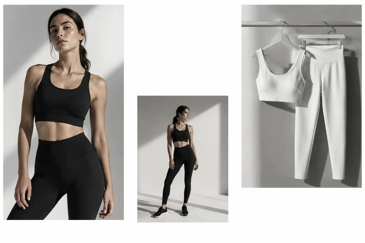 Tríptico editorial con retrato, figura de cuerpo entero y conjunto deportivo blanco en percha.