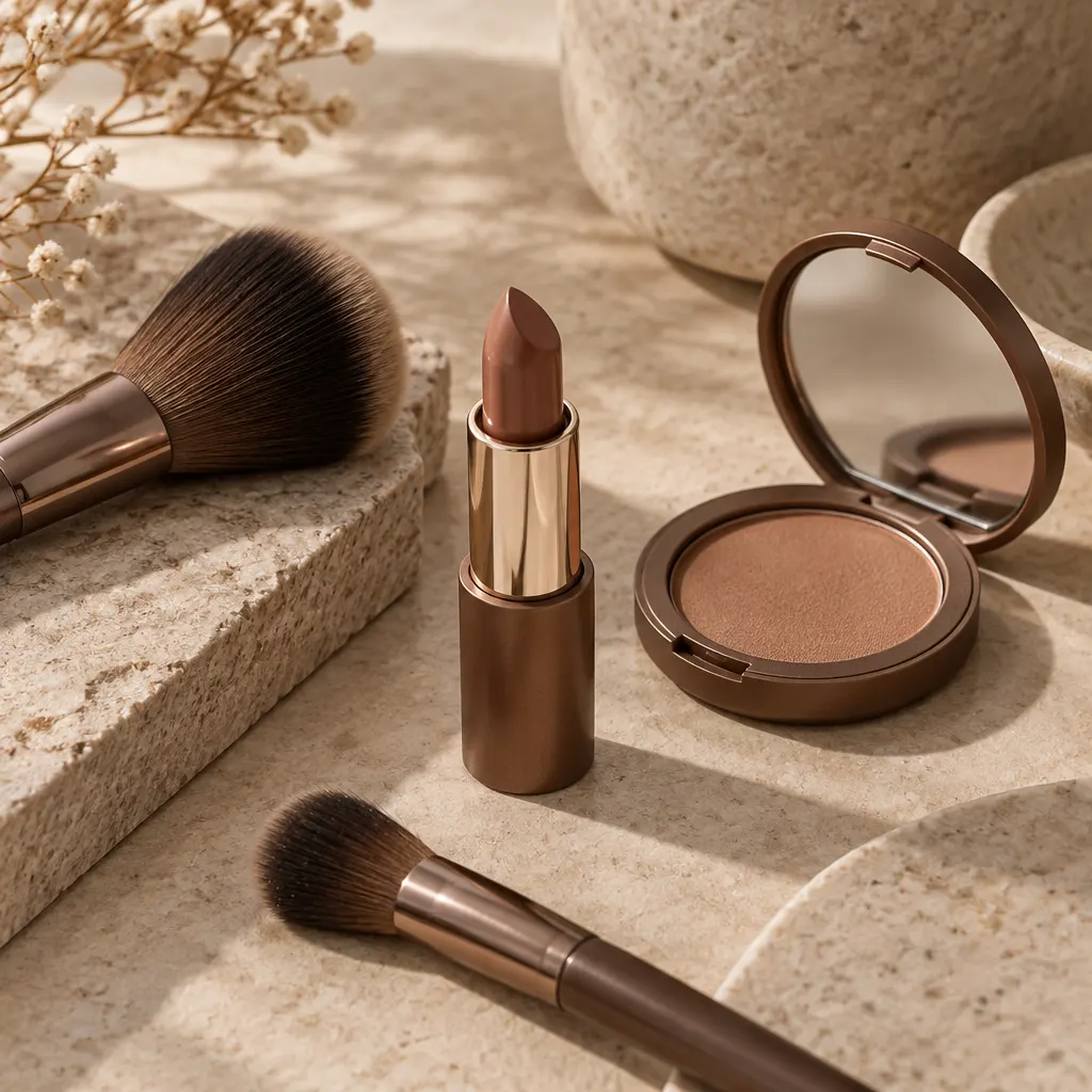 Pinceles y envases lisos de maquillaje en tonos tierra sobre piedra beige.