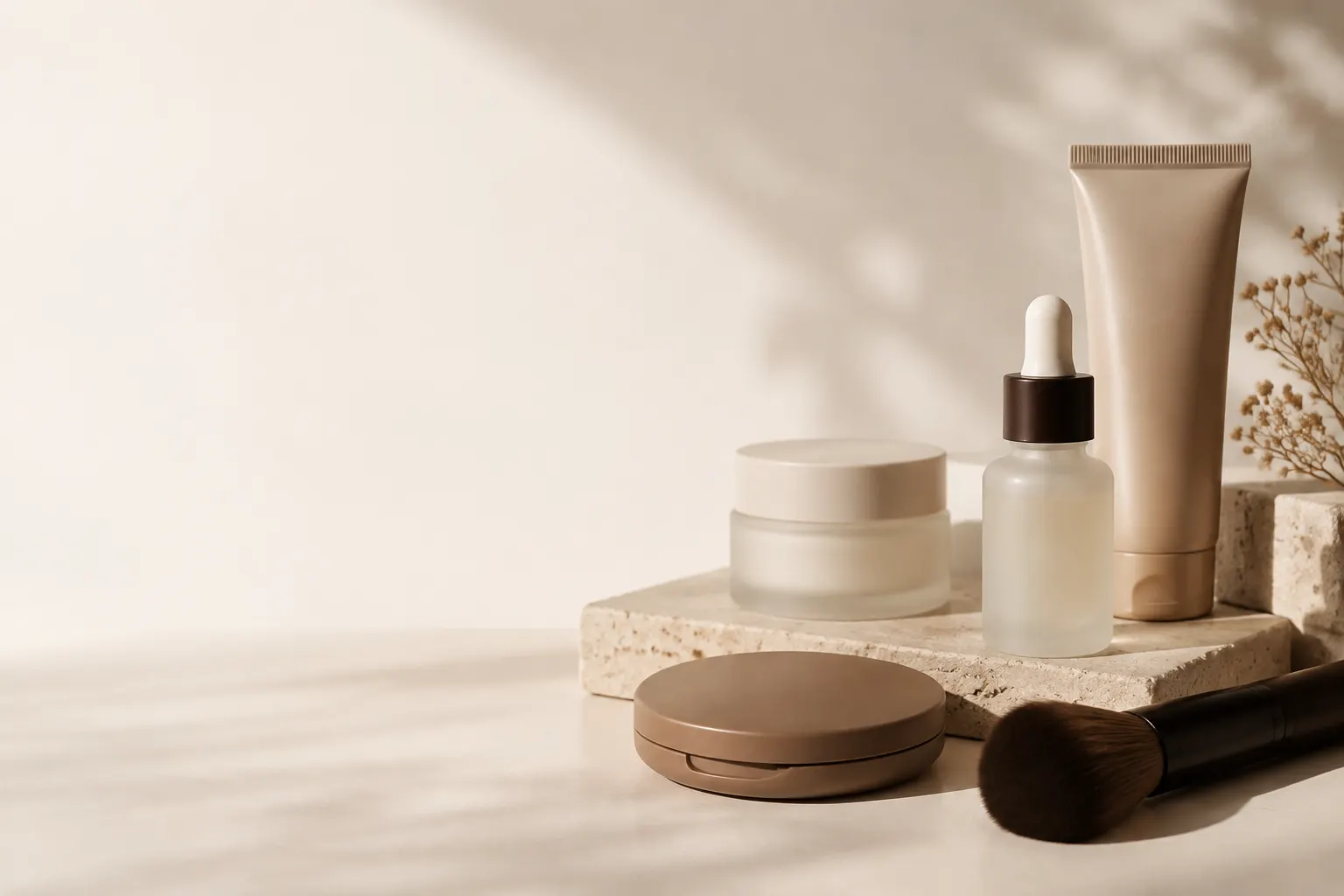 Frascos lisos, un compacto y una brocha dispuestos sobre superficies beige.