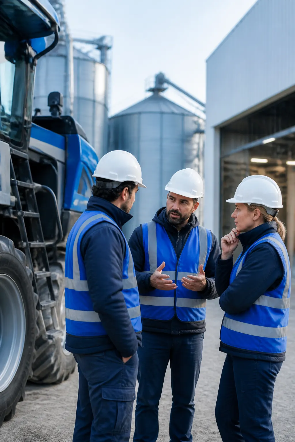 Tres líderes operacionales conversan junto a maquinaria agroindustrial.