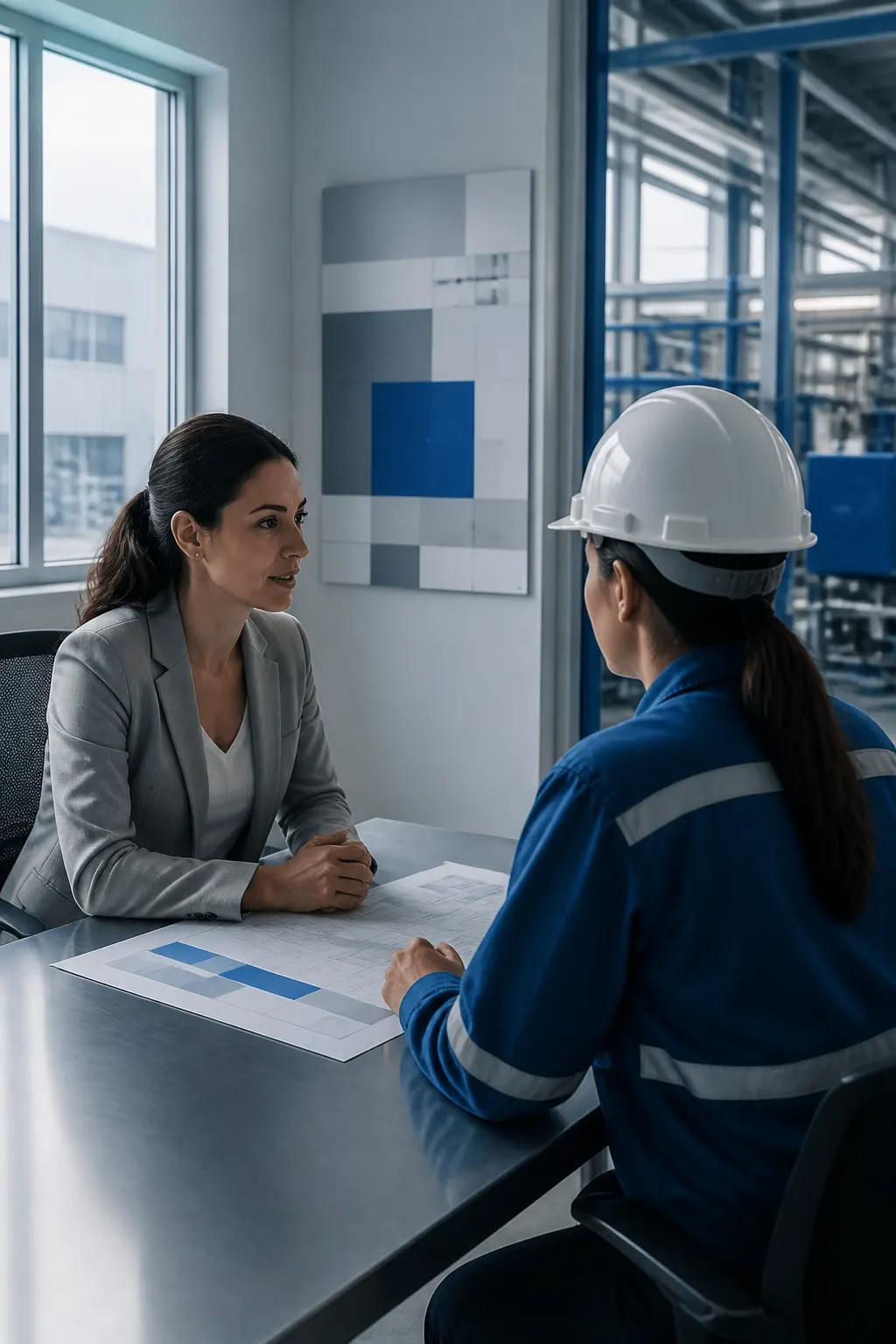 Reclutadora conversa con una trabajadora equipada con casco en una sala operativa.