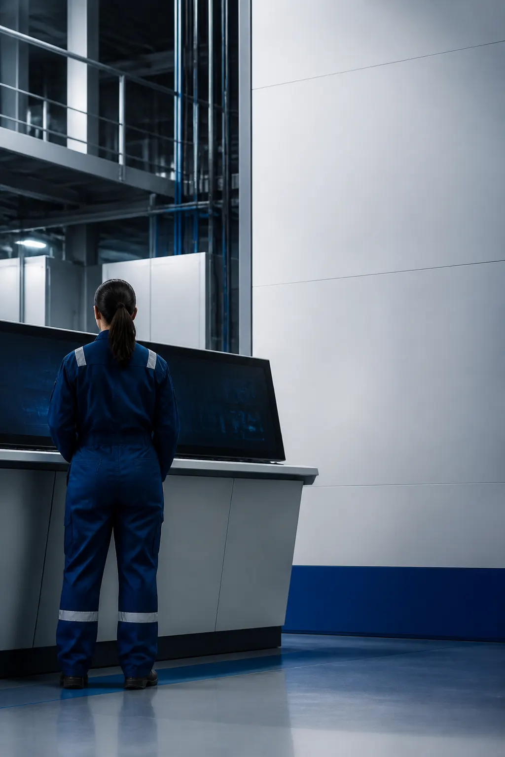 Trabajadora observa una pantalla de control ilegible dentro de una planta industrial.