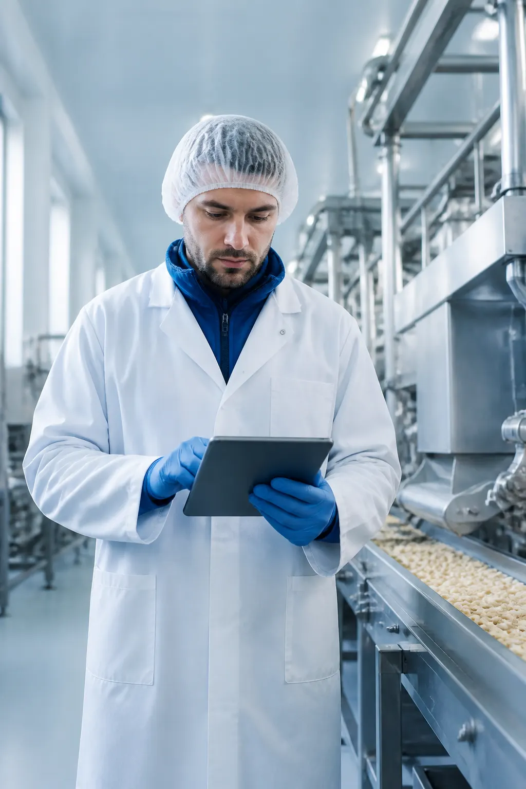 Técnico con casco inspecciona maquinaria de una planta agroindustrial.