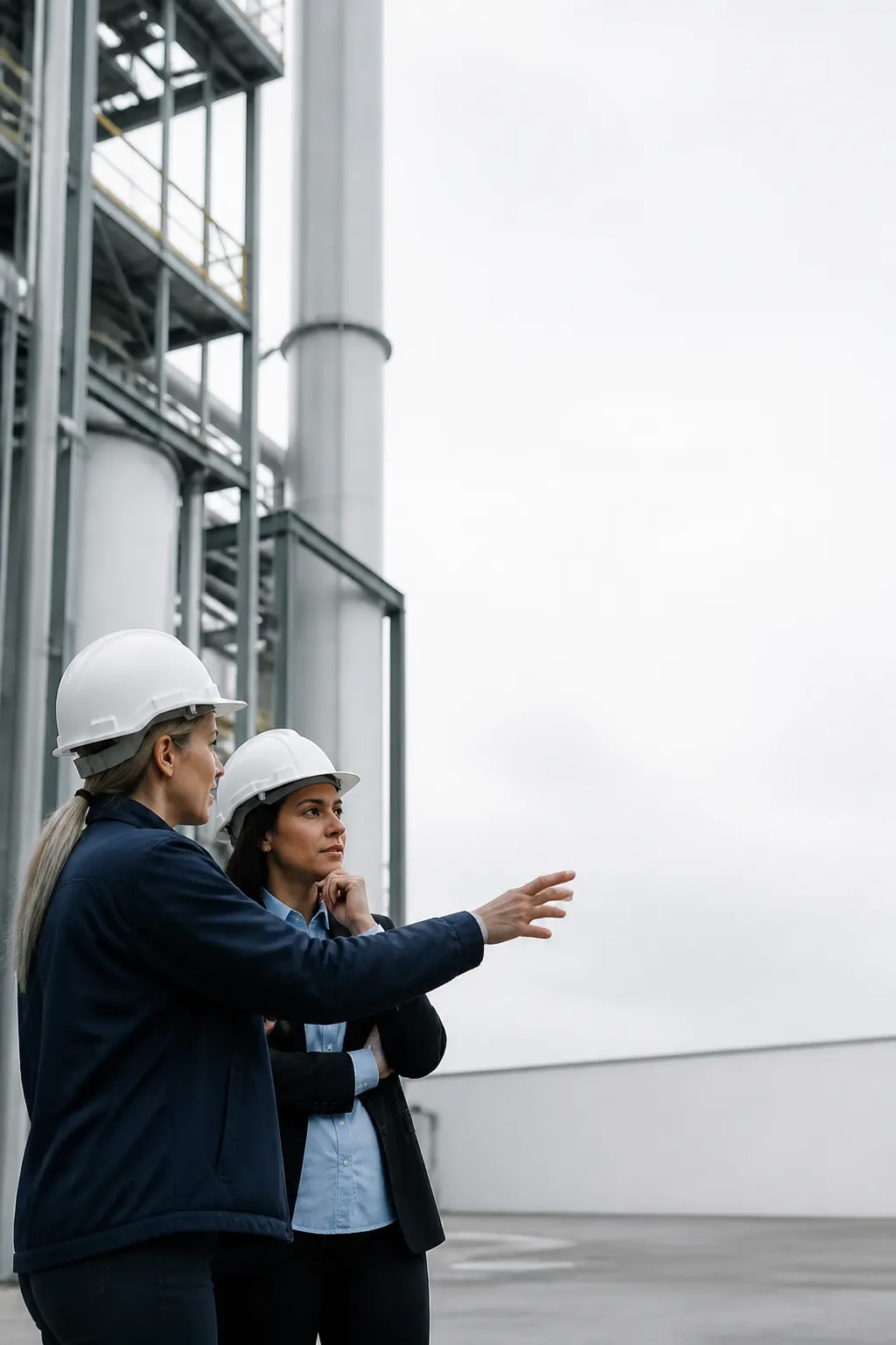 Consultora y jefa de operaciones conversan junto a una instalación industrial.