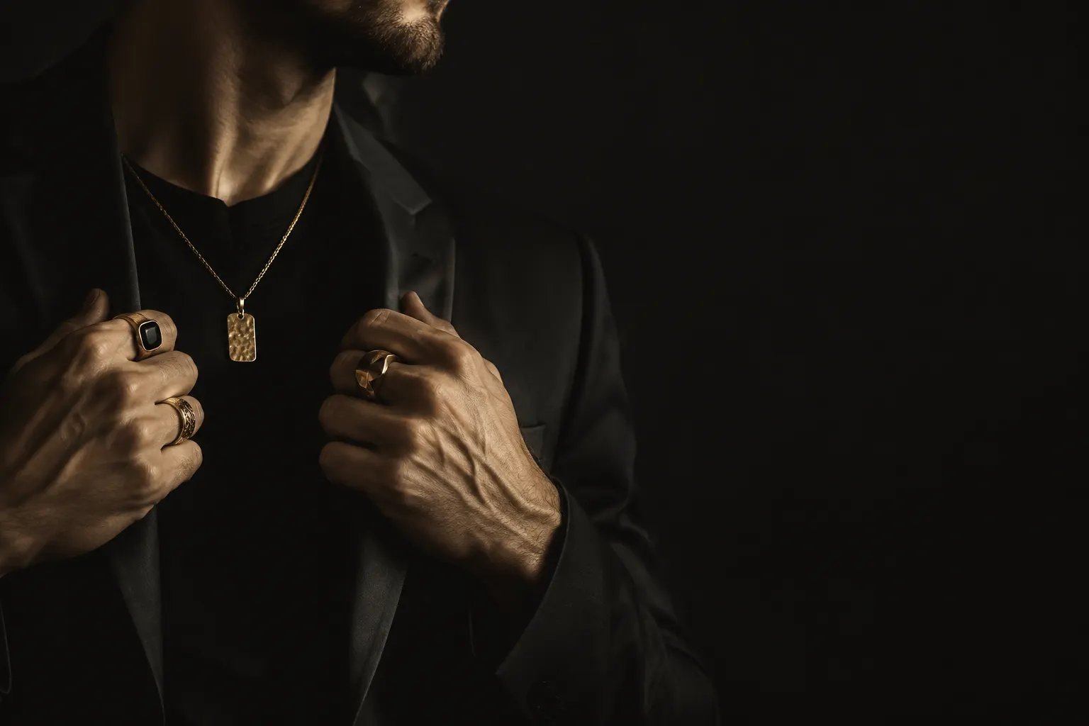 Manos con anillos junto a un collar con dije sobre una prenda negra.