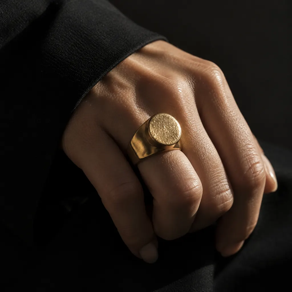 Primer plano de un anillo en una mano junto a una manga negra.