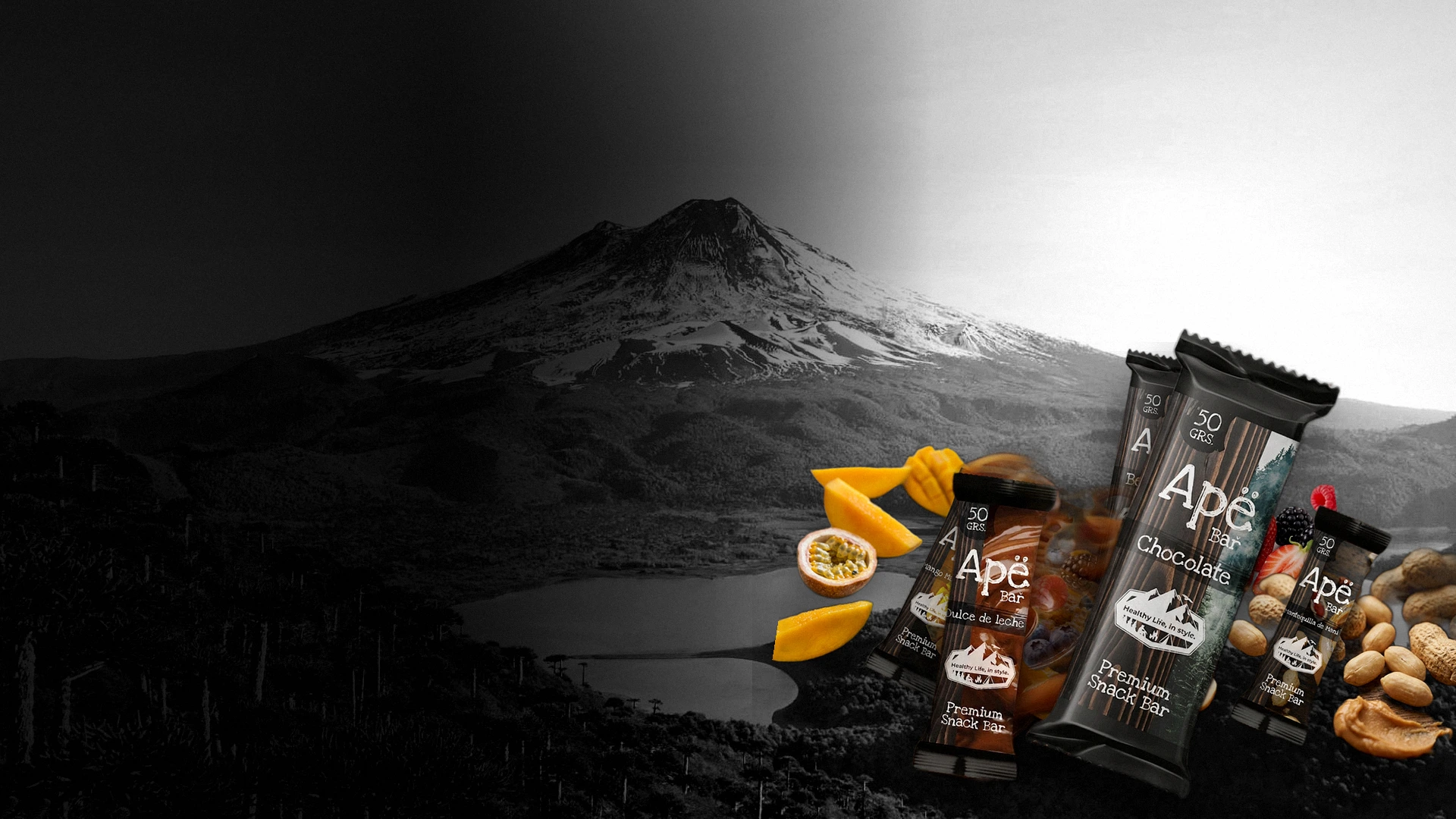 Barritas Apë con frutas e ingredientes reales, fondo Parque Nacional Conguillío