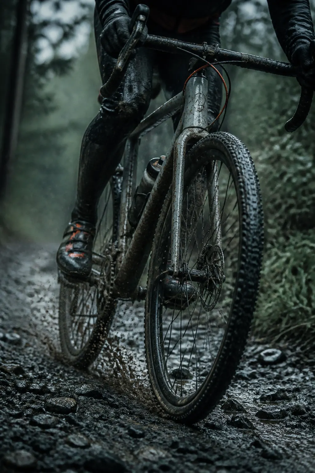 Bicicleta gravel atravesando ripio húmedo con barro y bosque nativo al fondo.