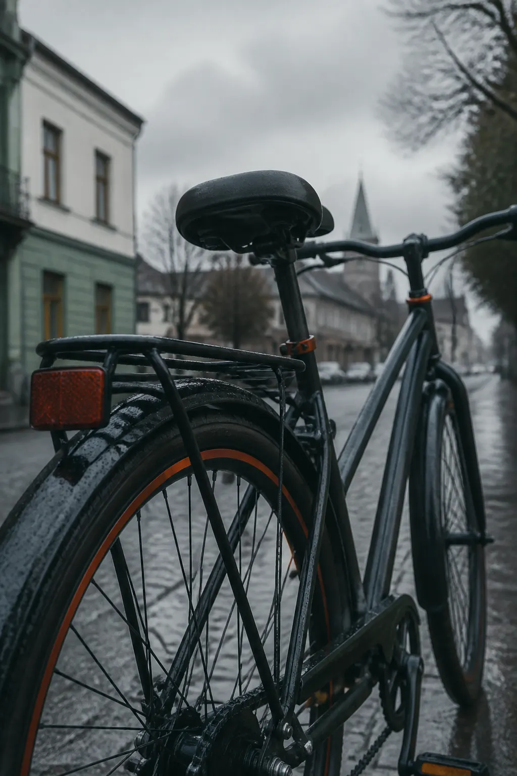 Bicicleta urbana resistente sobre una calle mojada y tranquila de Temuco.