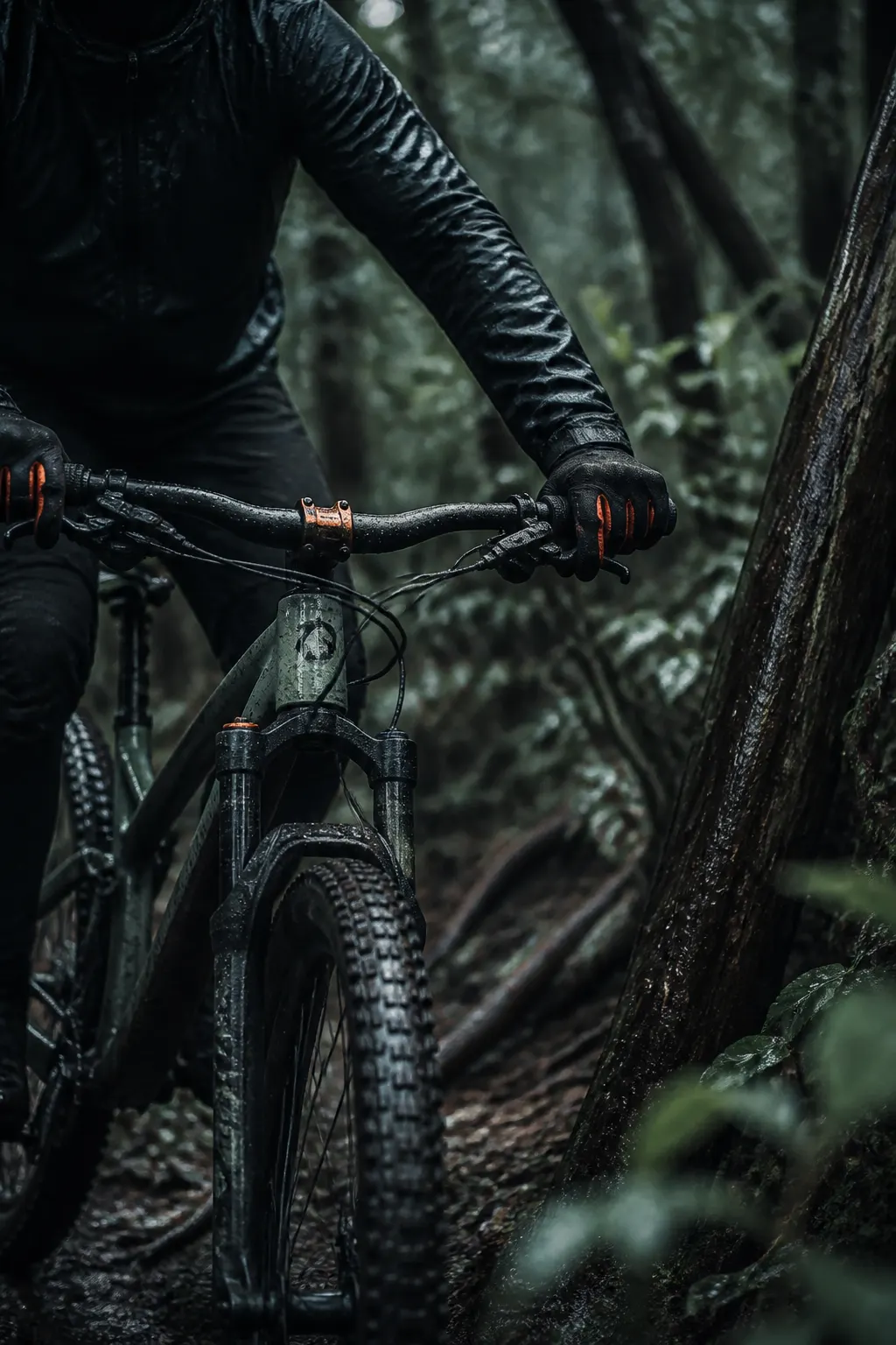 Ciclista controlando el manillar y la suspensión de su bicicleta dentro de un bosque lluvioso.