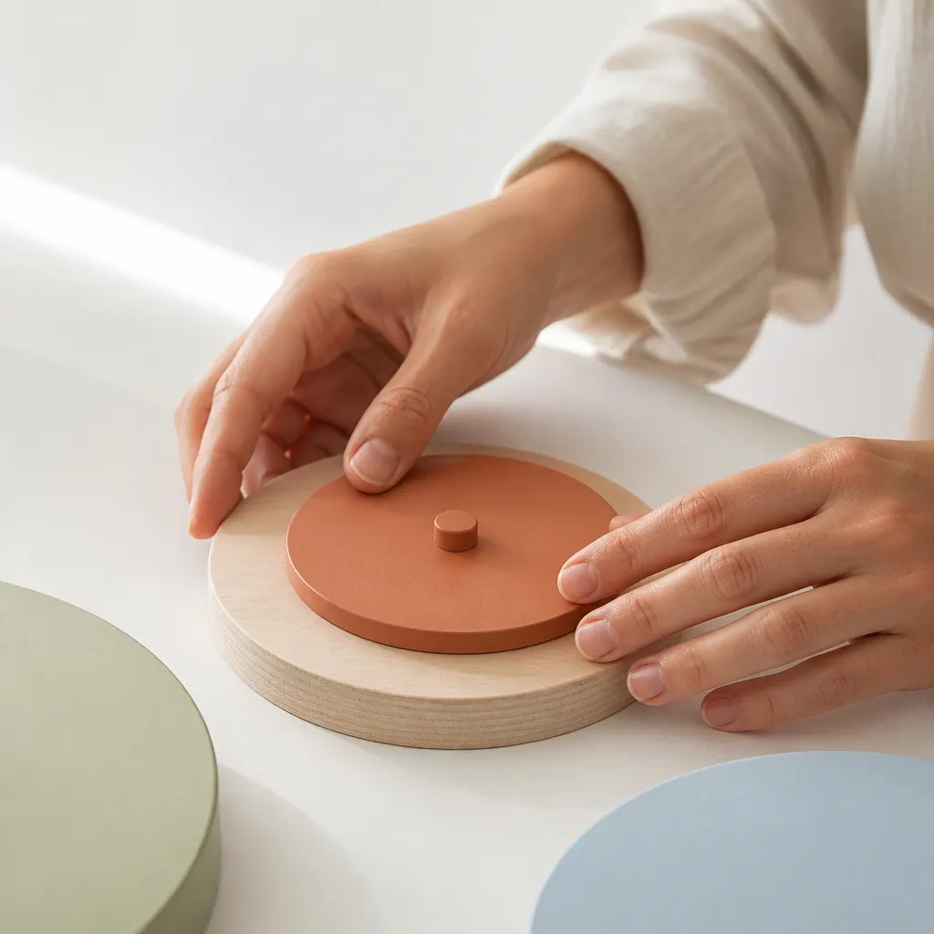 Manos haciendo girar piezas circulares de madera y terracota sobre un fondo blanco.