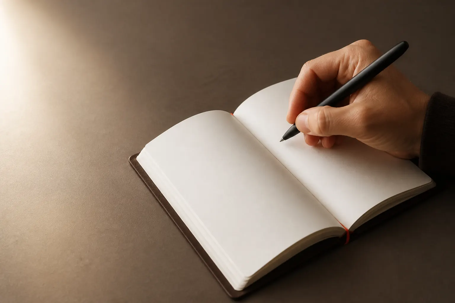 Mano escribiendo en un cuaderno artesanal abierto sobre una mesa limpia.