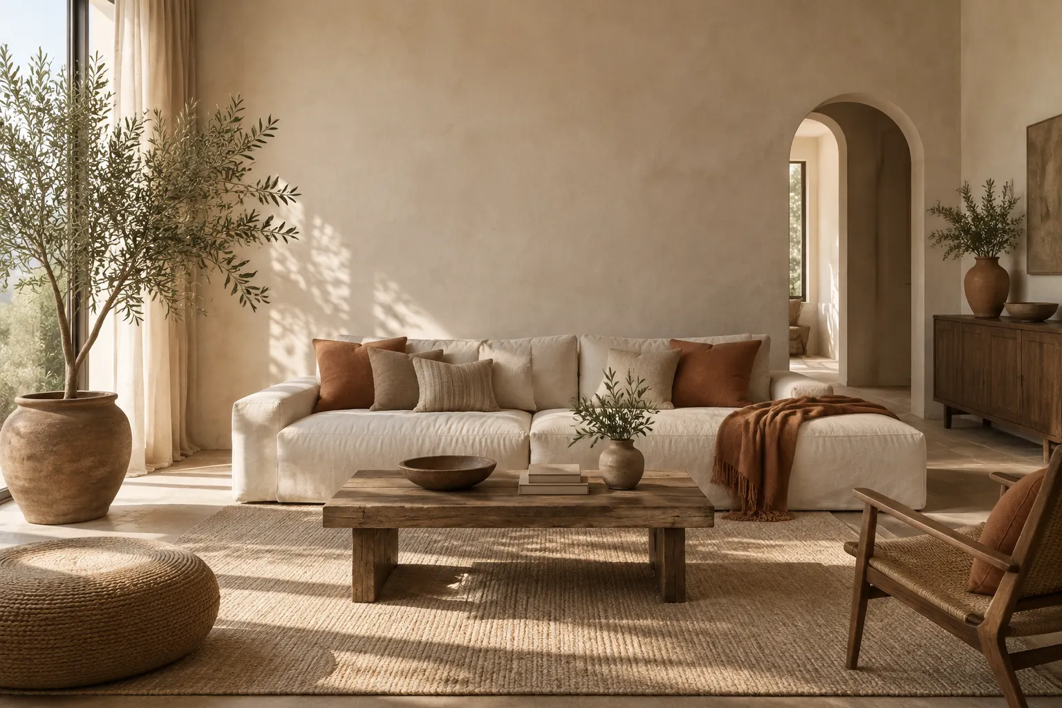 A sunlit neutral room with sand, taupe, olive and terracotta tones.