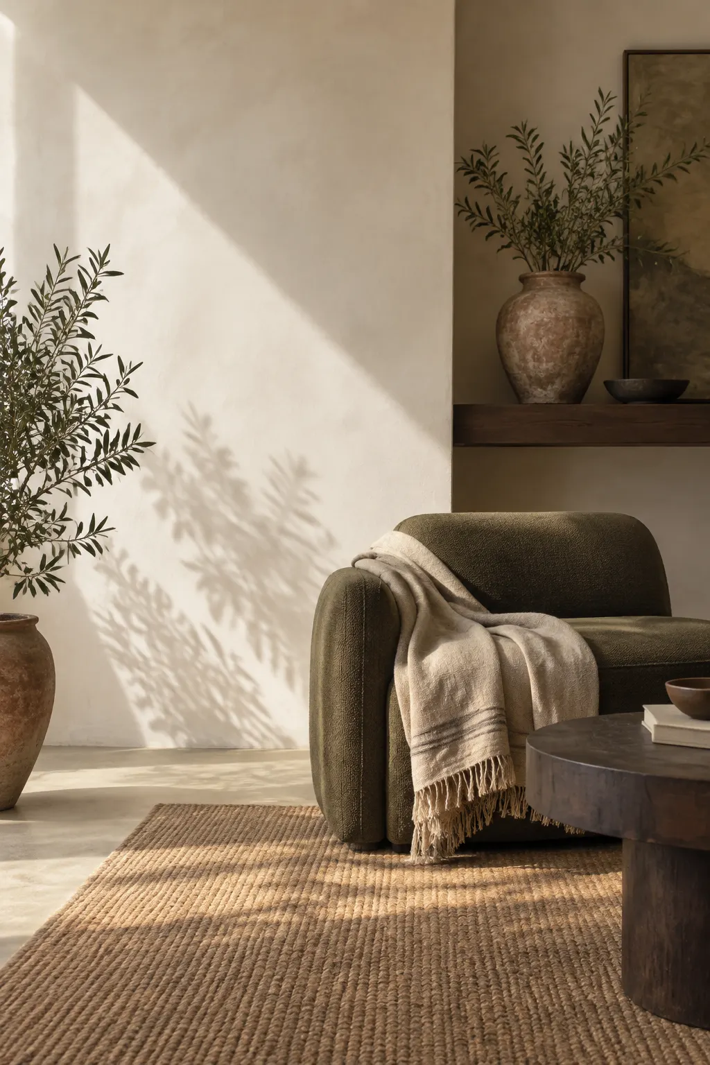 A calm contemporary room with a pale wall, understated seating and a folded neutral textile.