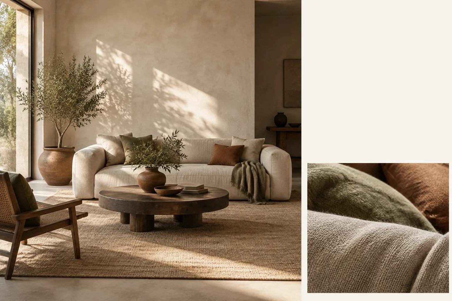 An airy living space with neutral textures and a small fabric detail in the foreground.