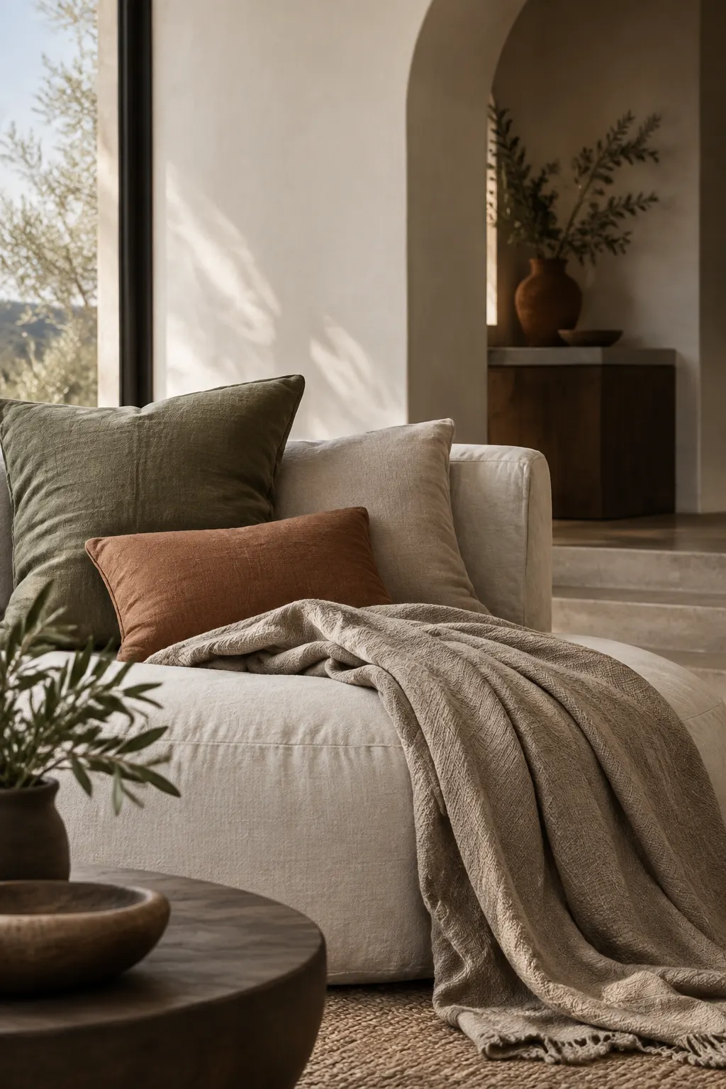 Soft neutral textiles and a curved detail in a sunlit interior.