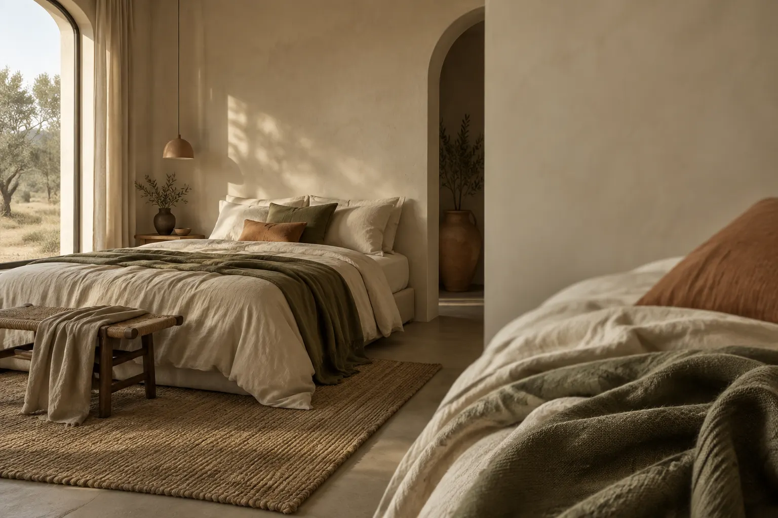 A peaceful bedroom corner with rumpled neutral bedding and a muted olive accent.