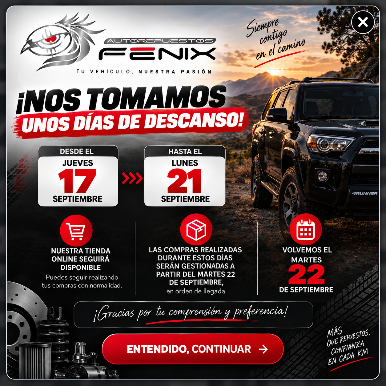 Aviso de descanso Autorepuestos Fénix