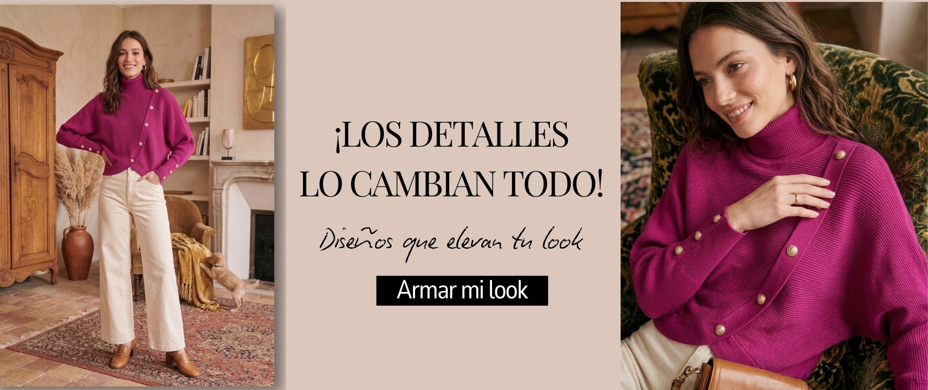 Modelo luciendo un polerón magenta de cuello alto con detalles asimétricos y botones dorados. El banner destaca los detalles 'Cierre asimétrico' y 'Botones dorados premium' para un look elevado.