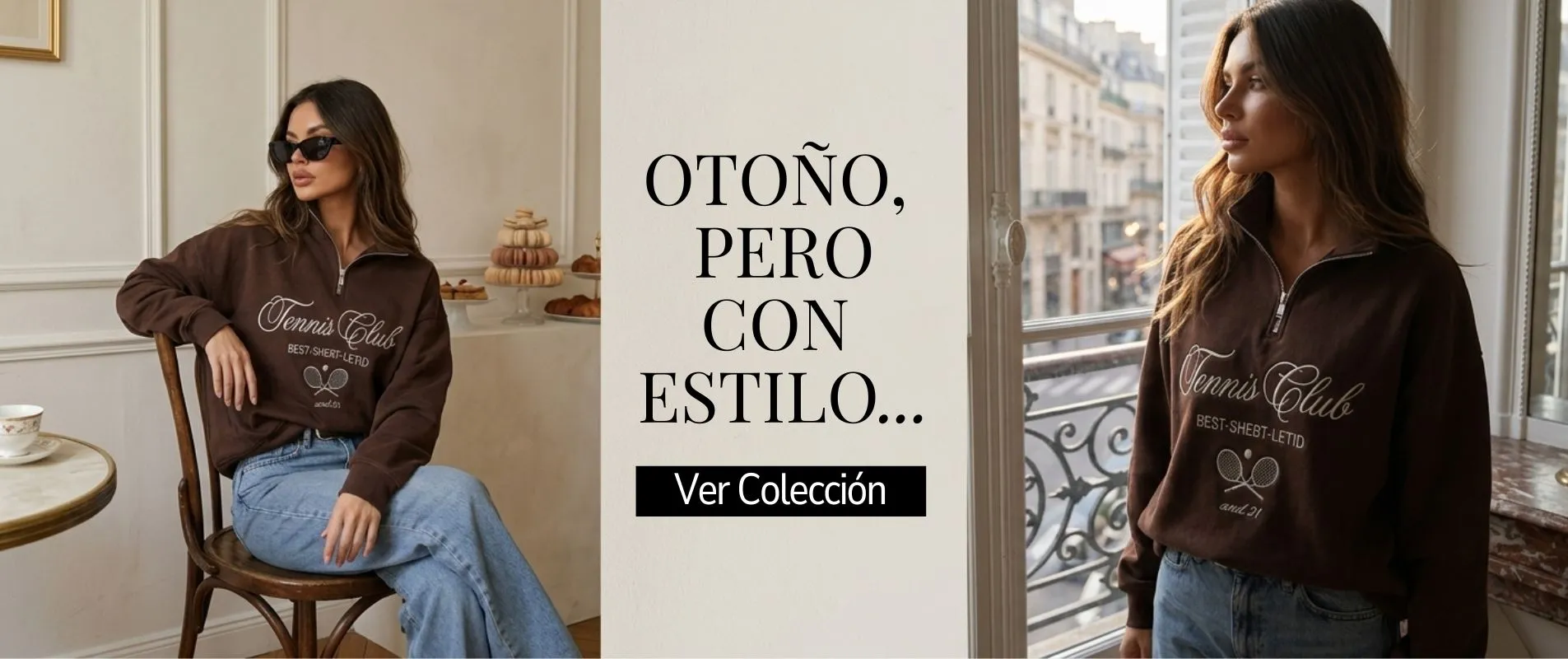 Modelo luciendo un polerón café de estilo retro con el logo 'Tennis Club' bordado y cremallera parcial. Está sentada en un ambiente elegante con gafas de sol, transmitiendo un look athleisure sofisticado.