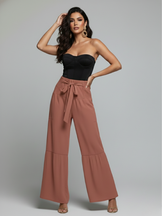 Pantalón Palazzo fruncido con lazo casual mujer Moda femenina exclusiva Carobaska