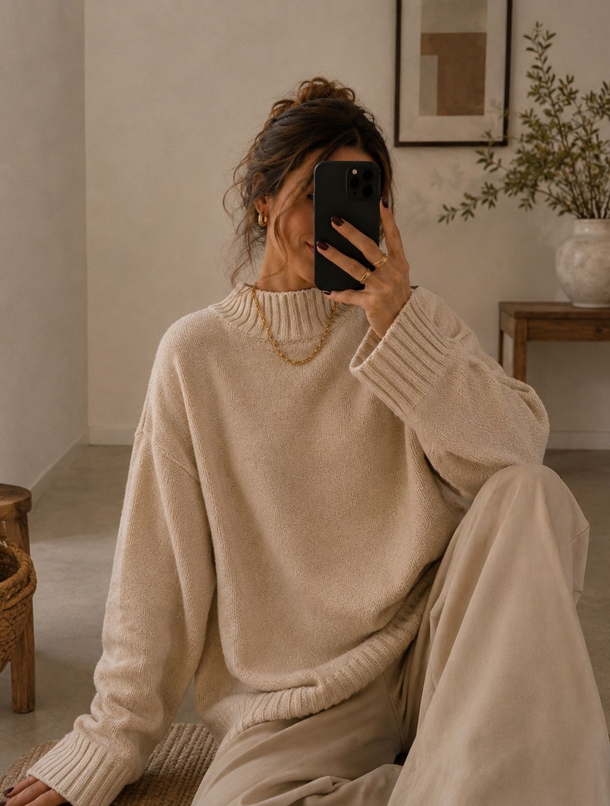 Sweater oversize beige para mujer de punto holgado y cuello medio acanalado, tendencia en chalecos y sweaters de invierno 2026 en Chile.