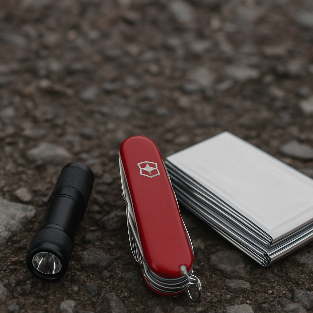 Imagen de una mochila EDC junto a herramientas esenciales sobre una superficie rústica, representando artículos destacados del blog sobre preparación y equipo personal.