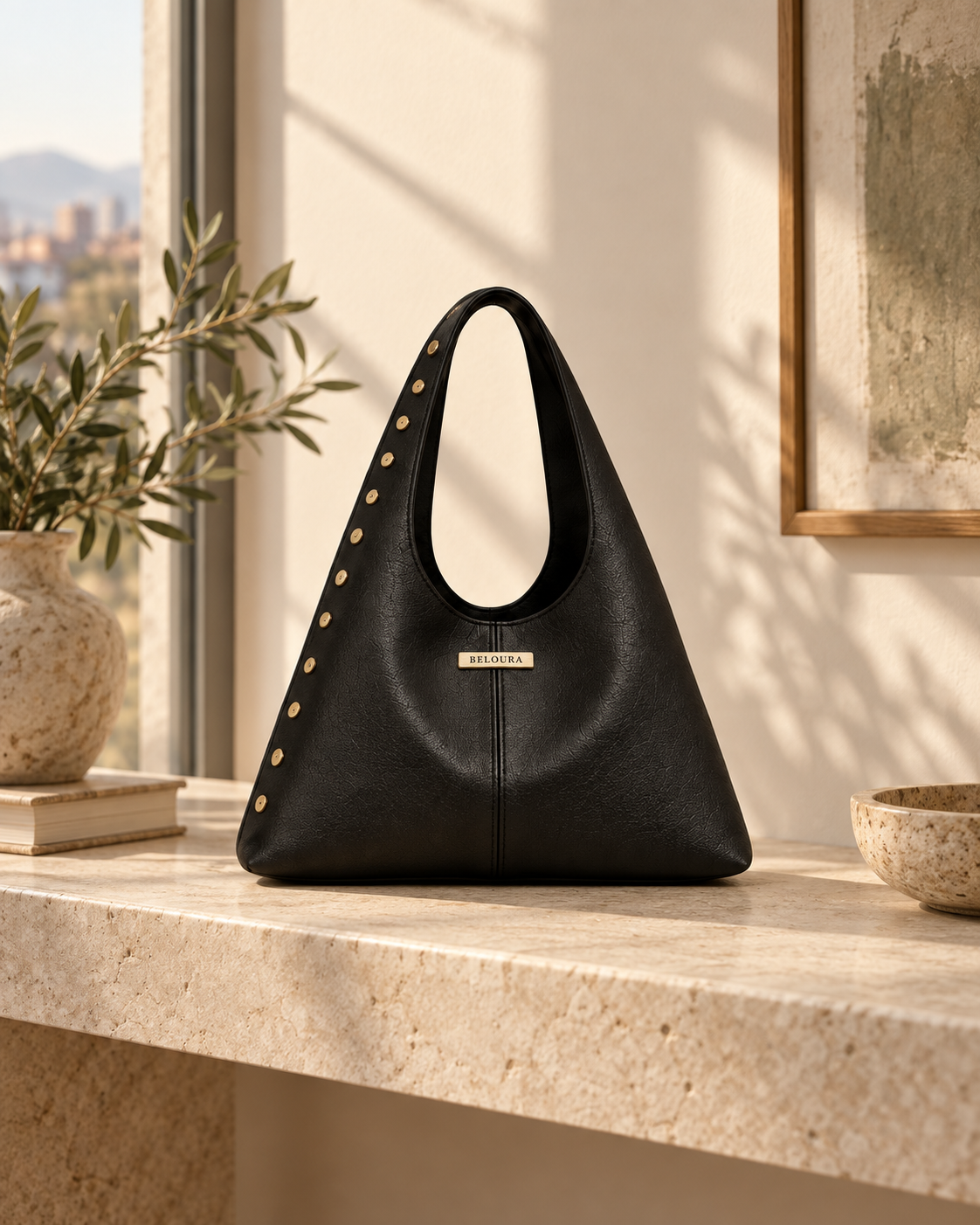 Hobo · ecocuero con tachas en una escena cotidiana Beloura
