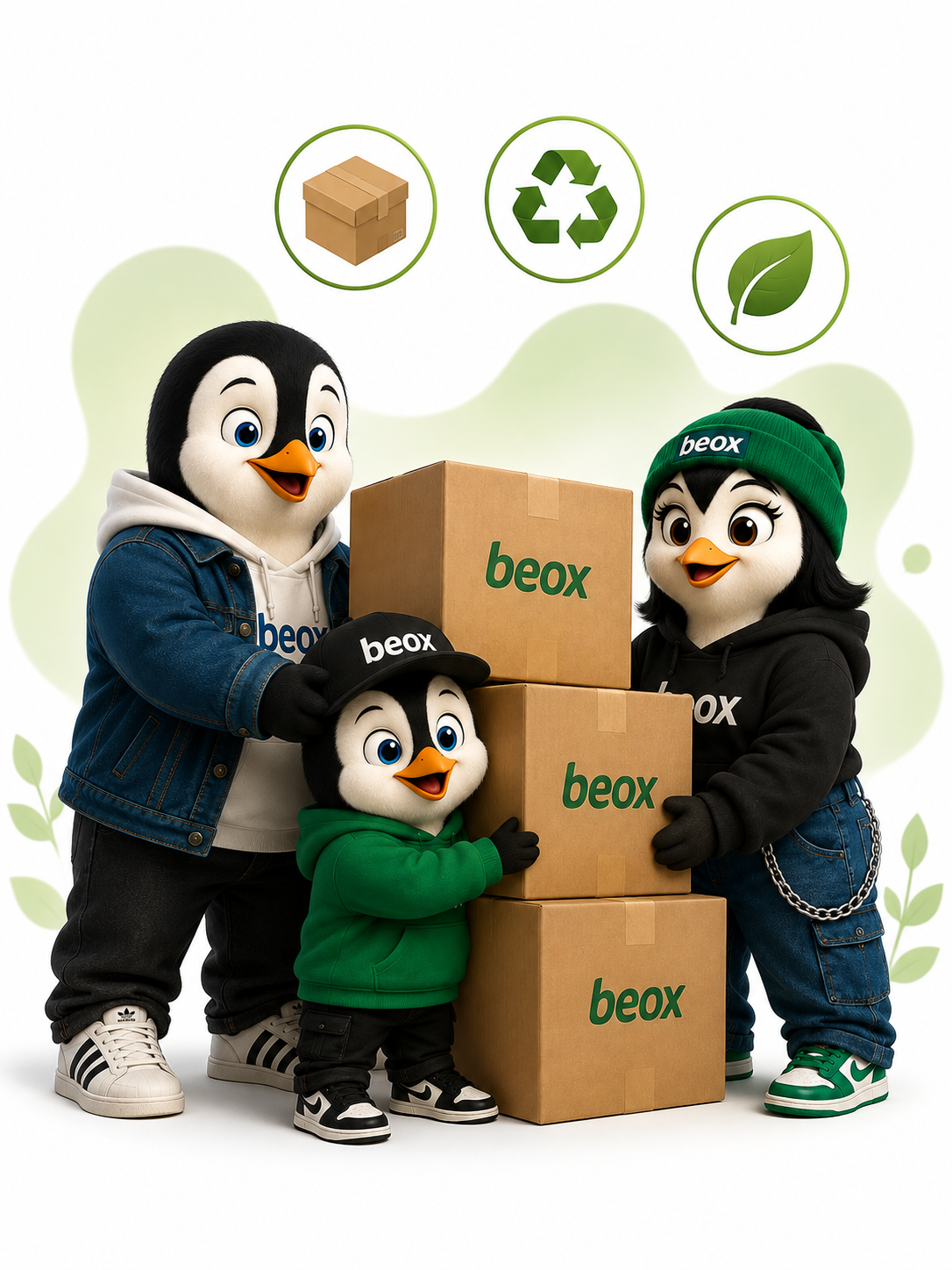 Familia Pingüino Beox con cajas EcoBox, símbolo de reducción de residuos y envases sustentables