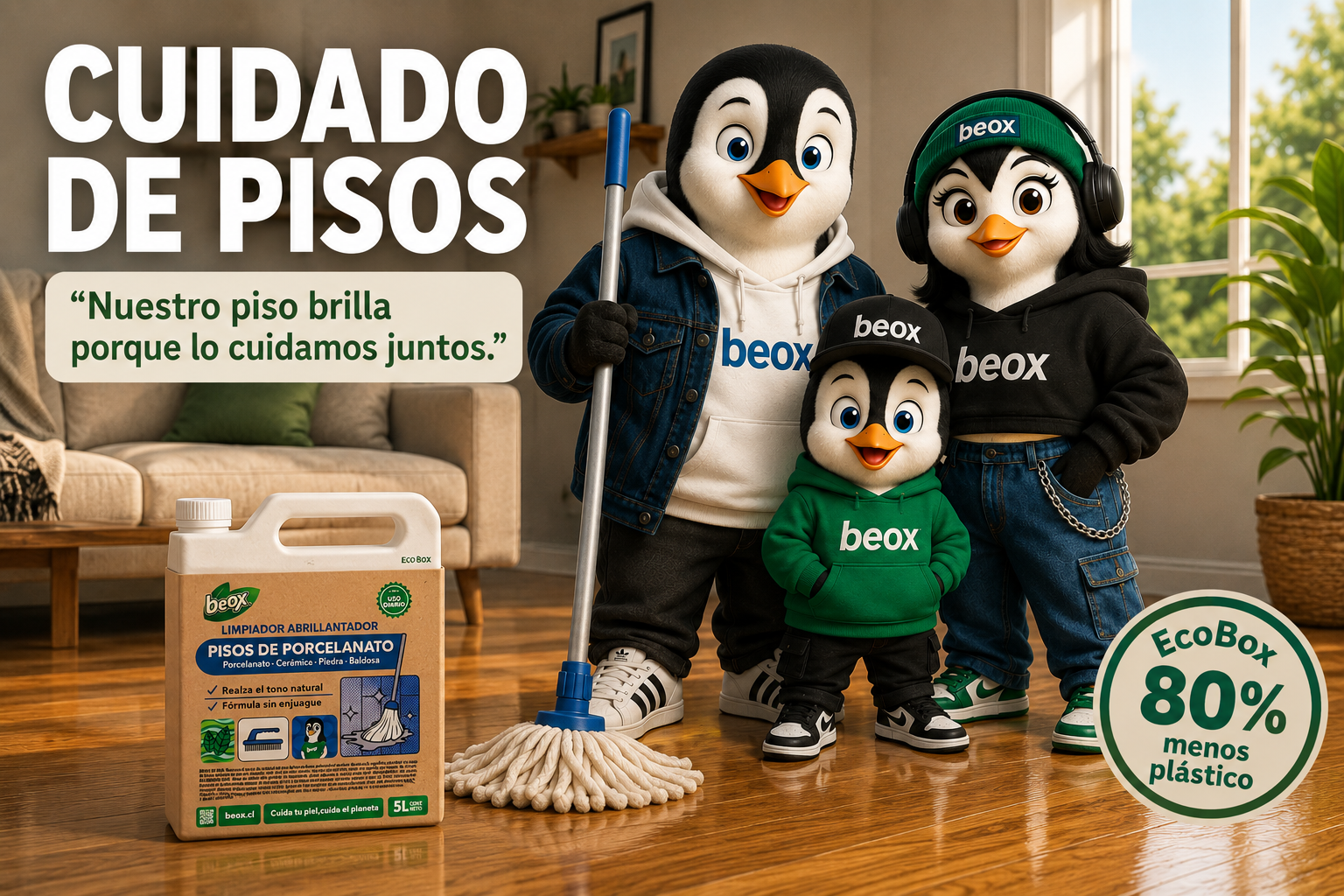 Familia Pingüino Beox, guardianes del cuidado de pisos sustentable